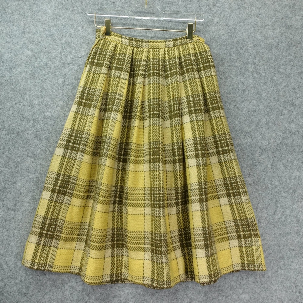 60s Vintage Wool Tweed Pleated Skirt XS Yellow Olive Plaid Swing Academia